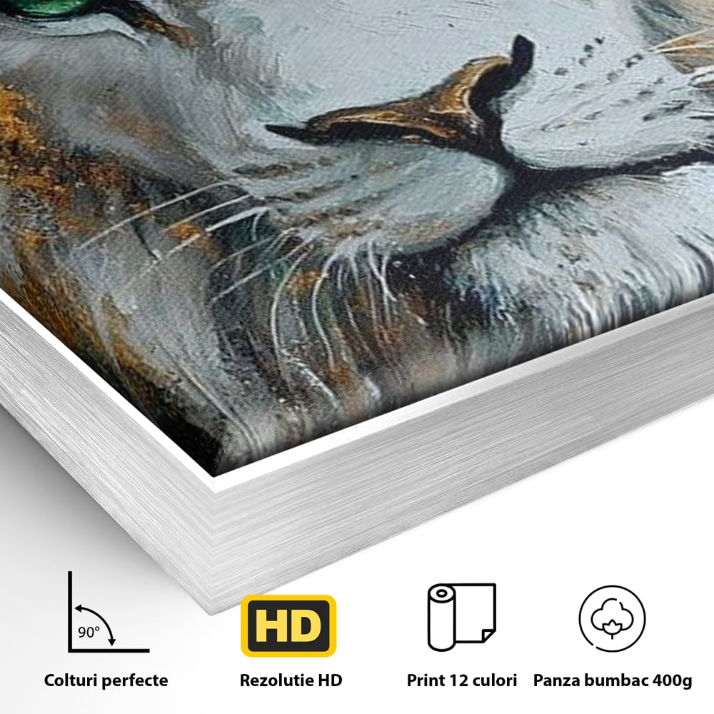 Tablou Canvas Premium, LuxCanva® M1362, Aur si Smarald, Leu, Animal, Jungla, Imparat, Suprem, Nobil, Puternic, Auriu, Stralucire, Verde, Privire, Portret, Birou, Living, Camera Copil