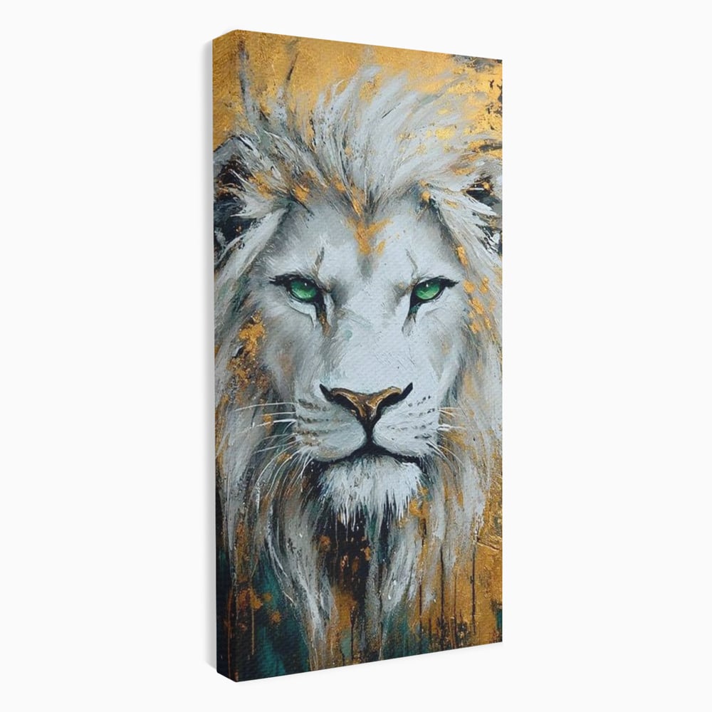 Tablou Canvas Premium, LuxCanva® M1362, Aur si Smarald, Leu, Animal, Jungla, Imparat, Suprem, Nobil, Puternic, Auriu, Stralucire, Verde, Privire, Portret, Birou, Living, Camera Copil