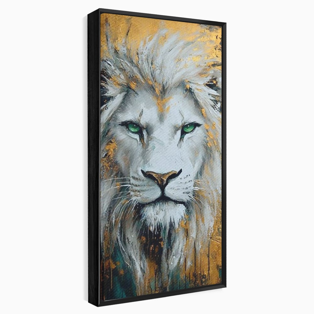 Tablou Canvas Premium, LuxCanva® M1362, Aur si Smarald, Leu, Animal, Jungla, Imparat, Suprem, Nobil, Puternic, Auriu, Stralucire, Verde, Privire, Portret, Birou, Living, Camera Copil