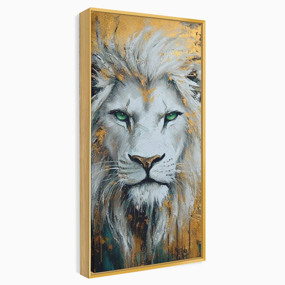 Tablou Canvas Premium, LuxCanva® M1362, Aur si Smarald, Leu, Animal, Jungla, Imparat, Suprem, Nobil, Puternic, Auriu, Stralucire, Verde, Privire, Portret, Birou, Living, Camera Copil