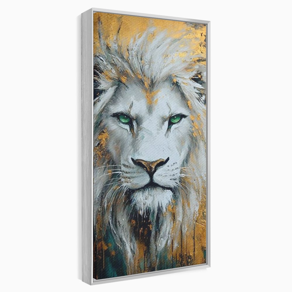 Tablou Canvas Premium, LuxCanva® M1362, Aur si Smarald, Leu, Animal, Jungla, Imparat, Suprem, Nobil, Puternic, Auriu, Stralucire, Verde, Privire, Portret, Birou, Living, Camera Copil