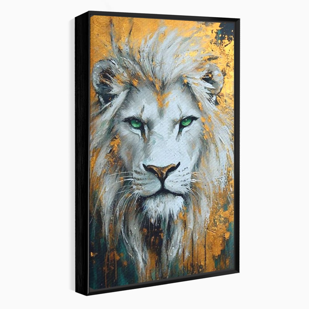 Tablou Canvas Premium, LuxCanva® M1362, Aur si Smarald, Leu, Animal, Jungla, Imparat, Suprem, Nobil, Puternic, Auriu, Stralucire, Verde, Privire, Portret, Birou, Living, Camera Copil
