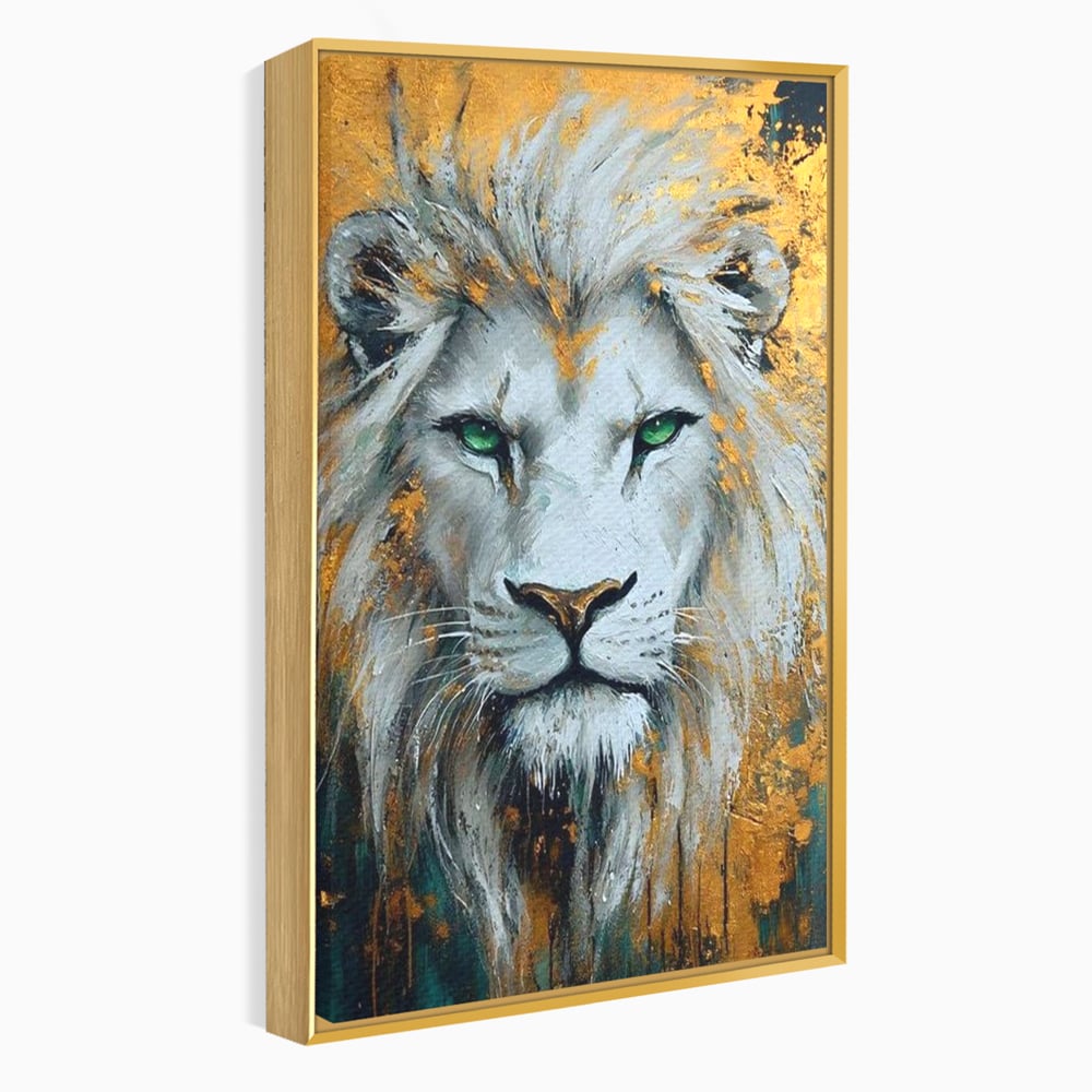 Tablou Canvas Premium, LuxCanva® M1362, Aur si Smarald, Leu, Animal, Jungla, Imparat, Suprem, Nobil, Puternic, Auriu, Stralucire, Verde, Privire, Portret, Birou, Living, Camera Copil