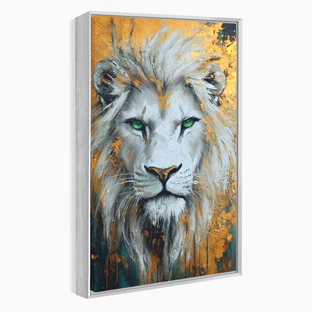 Tablou Canvas Premium, LuxCanva® M1362, Aur si Smarald, Leu, Animal, Jungla, Imparat, Suprem, Nobil, Puternic, Auriu, Stralucire, Verde, Privire, Portret, Birou, Living, Camera Copil