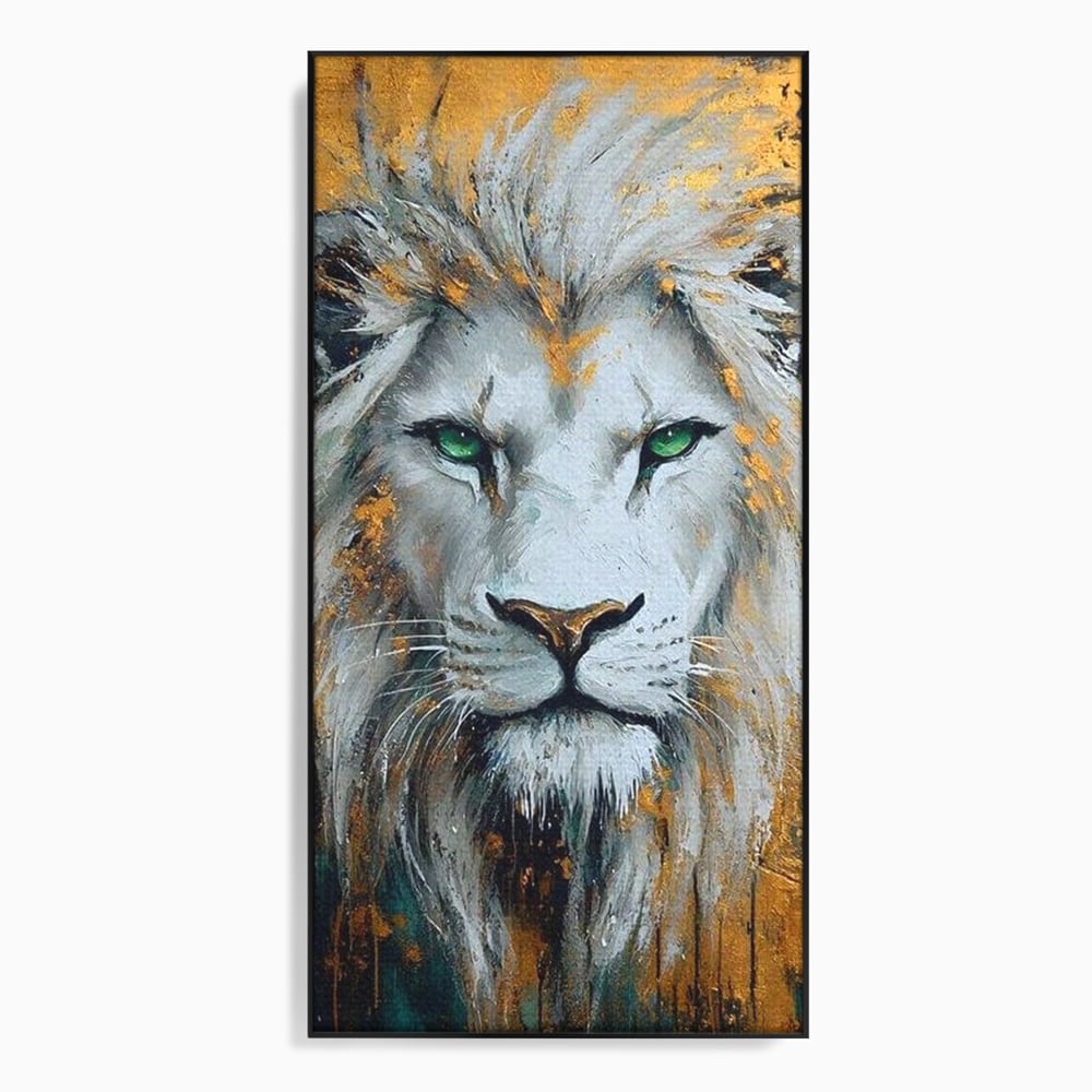 Tablou Canvas Premium, LuxCanva® M1362, Aur si Smarald, Leu, Animal, Jungla, Imparat, Suprem, Nobil, Puternic, Auriu, Stralucire, Verde, Privire, Portret, Birou, Living, Camera Copil