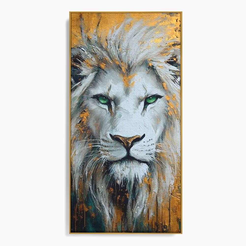 Tablou Canvas Premium, LuxCanva® M1362, Aur si Smarald, Leu, Animal, Jungla, Imparat, Suprem, Nobil, Puternic, Auriu, Stralucire, Verde, Privire, Portret, Birou, Living, Camera Copil