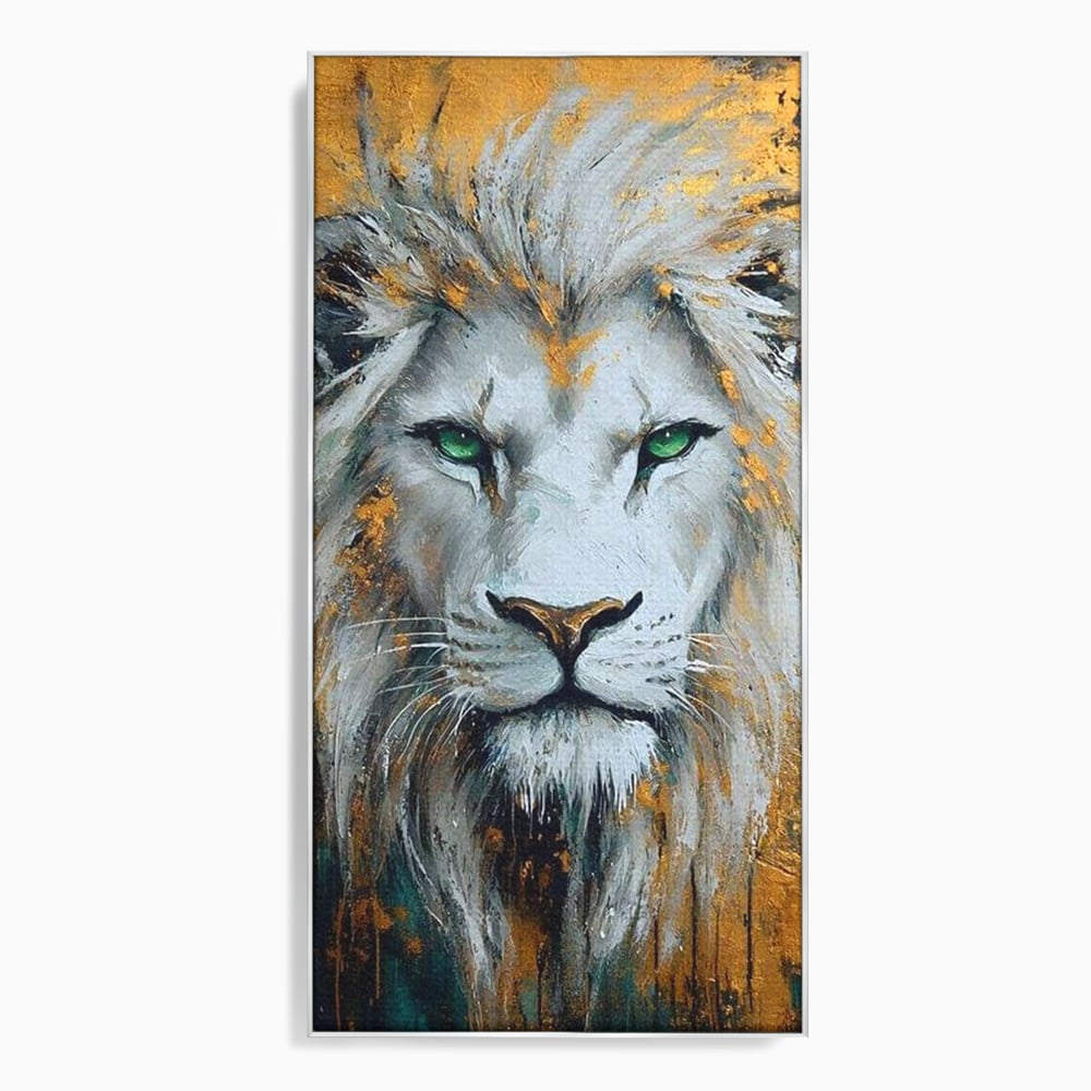 Tablou Canvas Premium, LuxCanva® M1362, Aur si Smarald, Leu, Animal, Jungla, Imparat, Suprem, Nobil, Puternic, Auriu, Stralucire, Verde, Privire, Portret, Birou, Living, Camera Copil