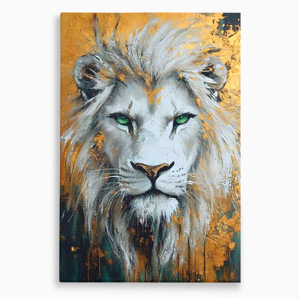 Tablou Canvas Premium, LuxCanva® M1362, Aur si Smarald, Leu, Animal, Jungla, Imparat, Suprem, Nobil, Puternic, Auriu, Stralucire, Verde, Privire, Portret, Birou, Living, Camera Copil