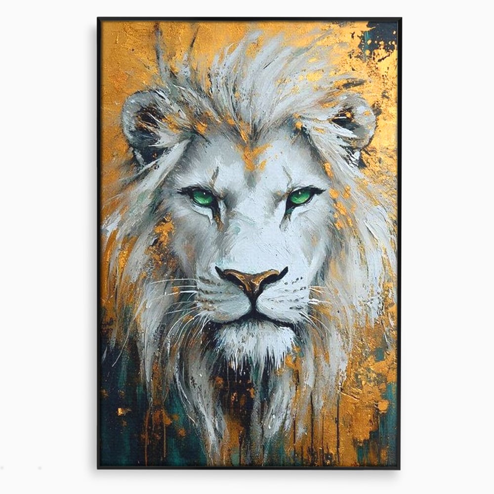 Tablou Canvas Premium, LuxCanva® M1362, Aur si Smarald, Leu, Animal, Jungla, Imparat, Suprem, Nobil, Puternic, Auriu, Stralucire, Verde, Privire, Portret, Birou, Living, Camera Copil