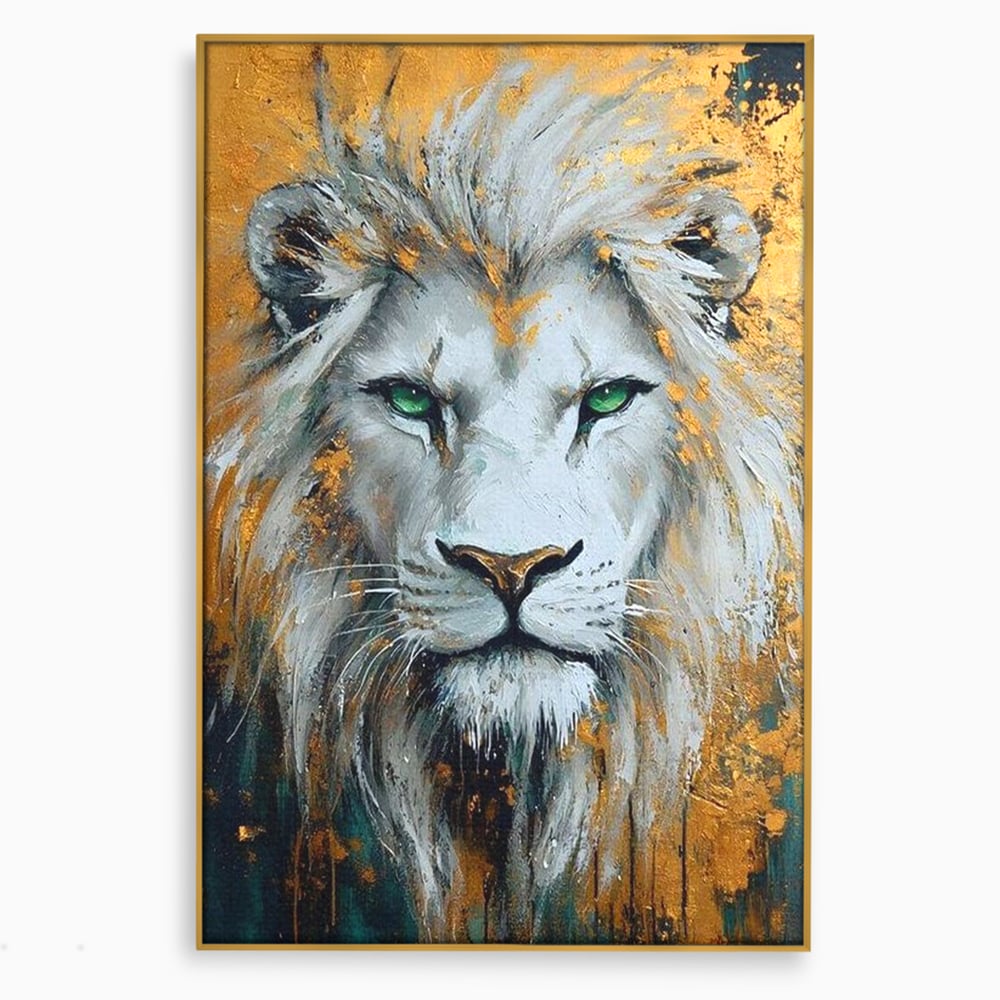 Tablou Canvas Premium, LuxCanva® M1362, Aur si Smarald, Leu, Animal, Jungla, Imparat, Suprem, Nobil, Puternic, Auriu, Stralucire, Verde, Privire, Portret, Birou, Living, Camera Copil