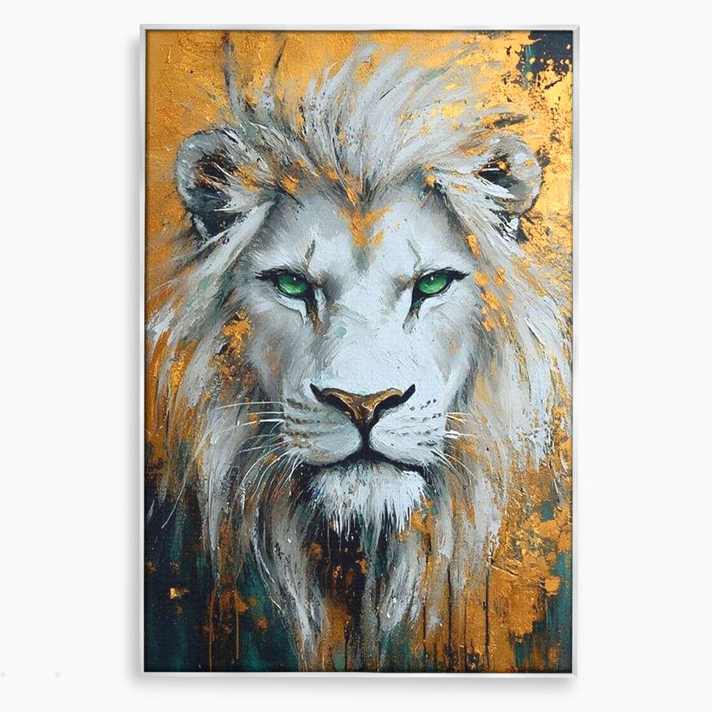 Tablou Canvas Premium, LuxCanva® M1362, Aur si Smarald, Leu, Animal, Jungla, Imparat, Suprem, Nobil, Puternic, Auriu, Stralucire, Verde, Privire, Portret, Birou, Living, Camera Copil