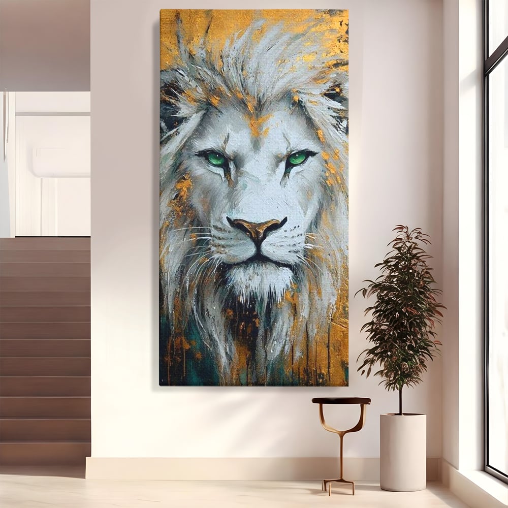 Tablou Canvas Premium, LuxCanva® M1362, Aur si Smarald, Leu, Animal, Jungla, Imparat, Suprem, Nobil, Puternic, Auriu, Stralucire, Verde, Privire, Portret, Birou, Living, Camera Copil