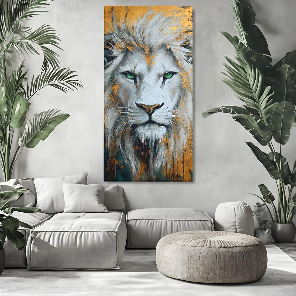 Tablou Canvas Premium, LuxCanva® M1362, Aur si Smarald, Leu, Animal, Jungla, Imparat, Suprem, Nobil, Puternic, Auriu, Stralucire, Verde, Privire, Portret, Birou, Living, Camera Copil