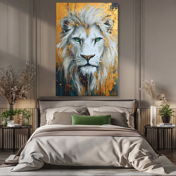 Tablou Canvas Premium, LuxCanva® M1362, Aur si Smarald, Leu, Animal, Jungla, Imparat, Suprem, Nobil, Puternic, Auriu, Stralucire, Verde, Privire, Portret, Birou, Living, Camera Copil