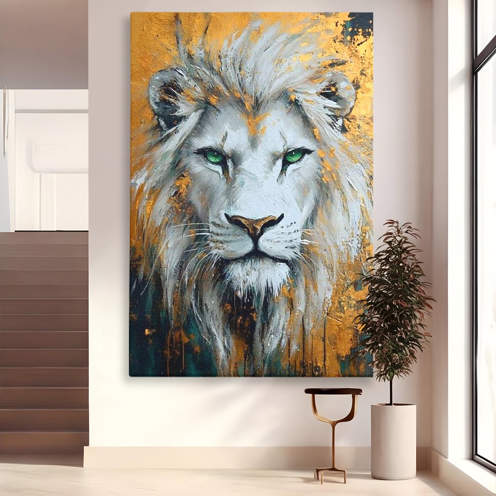 Tablou Canvas Premium, LuxCanva® M1362, Aur si Smarald, Leu, Animal, Jungla, Imparat, Suprem, Nobil, Puternic, Auriu, Stralucire, Verde, Privire, Portret, Birou, Living, Camera Copil