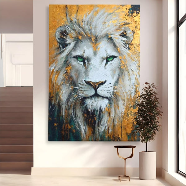 Tablou Canvas Premium, LuxCanva® M1362, Aur si Smarald, Leu, Animal, Jungla, Imparat, Suprem, Nobil, Puternic, Auriu, Stralucire, Verde, Privire, Portret, Birou, Living, Camera Copil