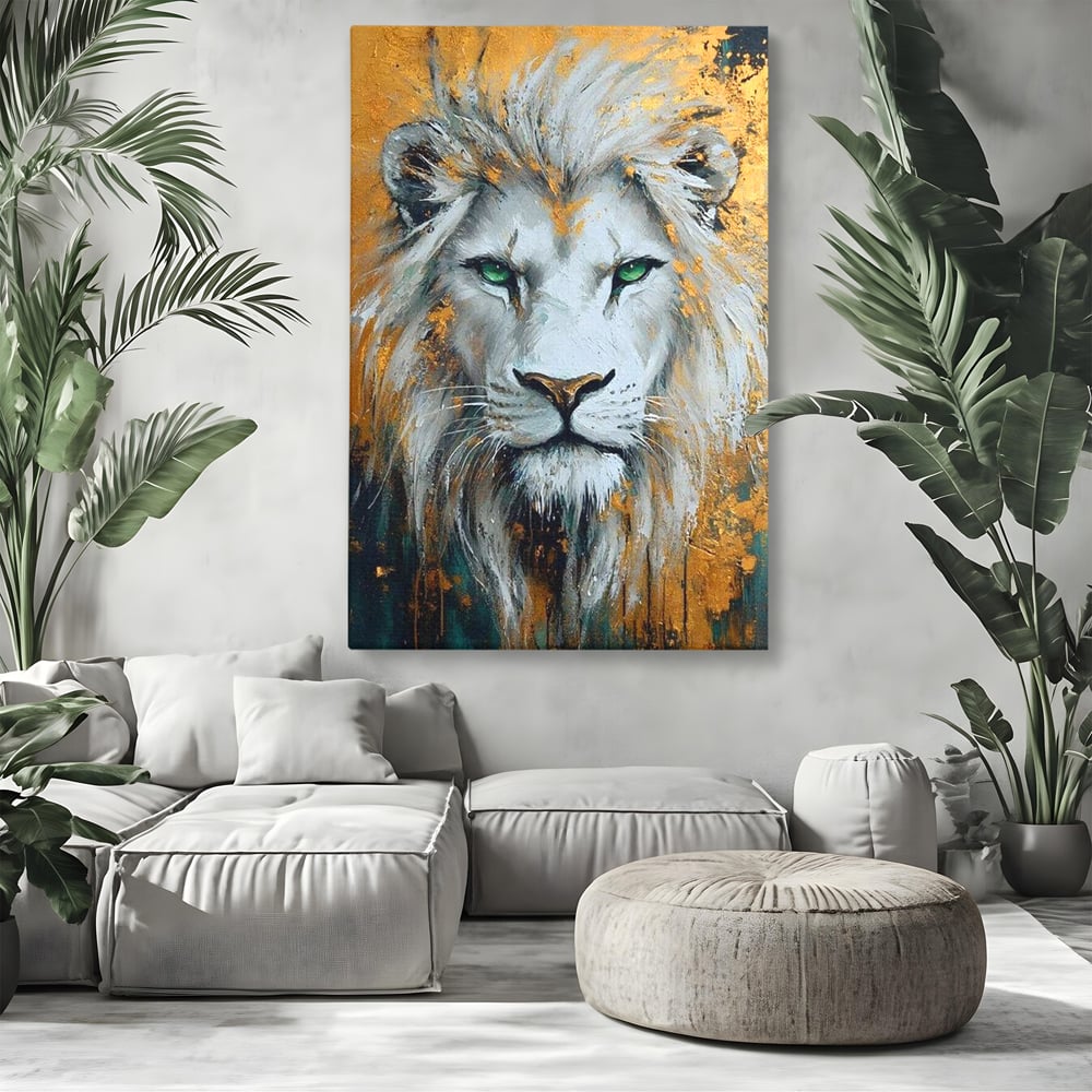 Tablou Canvas Premium, LuxCanva® M1362, Aur si Smarald, Leu, Animal, Jungla, Imparat, Suprem, Nobil, Puternic, Auriu, Stralucire, Verde, Privire, Portret, Birou, Living, Camera Copil