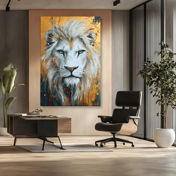 Tablou Canvas Premium, LuxCanva® M1362, Aur si Smarald, Leu, Animal, Jungla, Imparat, Suprem, Nobil, Puternic, Auriu, Stralucire, Verde, Privire, Portret, Birou, Living, Camera Copil