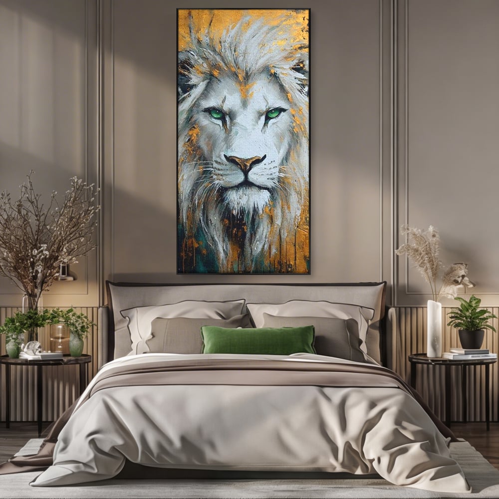 Tablou Canvas Premium, LuxCanva® M1362, Aur si Smarald, Leu, Animal, Jungla, Imparat, Suprem, Nobil, Puternic, Auriu, Stralucire, Verde, Privire, Portret, Birou, Living, Camera Copil