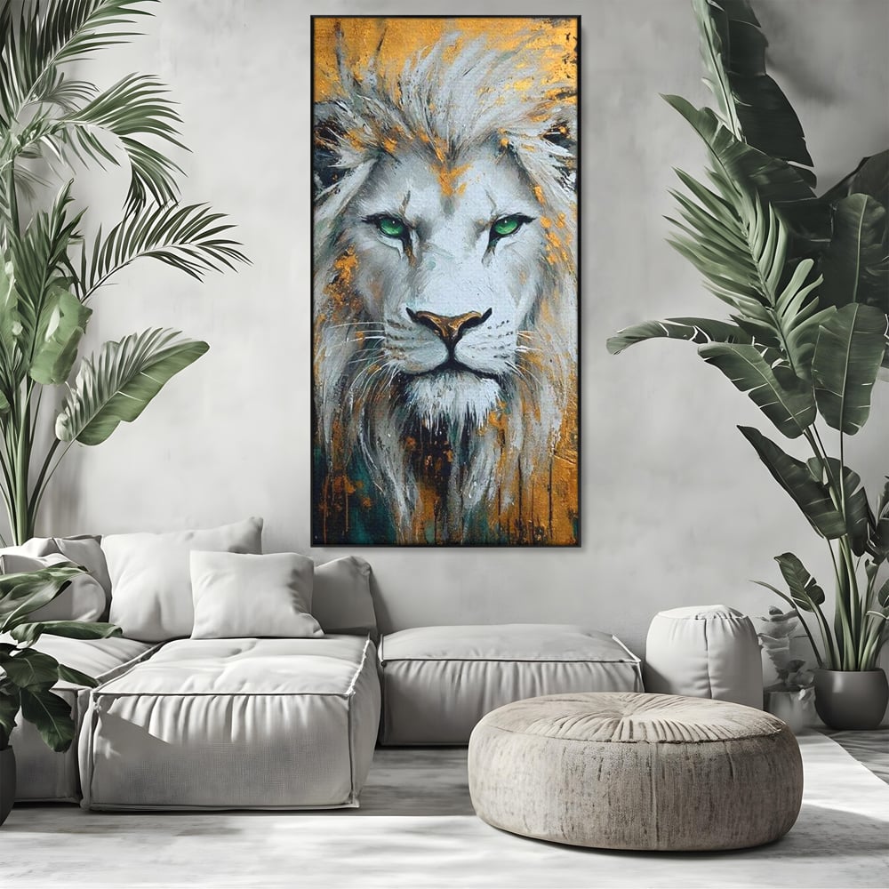 Tablou Canvas Premium, LuxCanva® M1362, Aur si Smarald, Leu, Animal, Jungla, Imparat, Suprem, Nobil, Puternic, Auriu, Stralucire, Verde, Privire, Portret, Birou, Living, Camera Copil