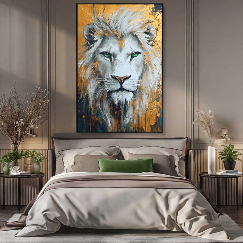 Tablou Canvas Premium, LuxCanva® M1362, Aur si Smarald, Leu, Animal, Jungla, Imparat, Suprem, Nobil, Puternic, Auriu, Stralucire, Verde, Privire, Portret, Birou, Living, Camera Copil