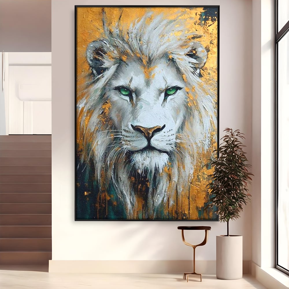Tablou Canvas Premium, LuxCanva® M1362, Aur si Smarald, Leu, Animal, Jungla, Imparat, Suprem, Nobil, Puternic, Auriu, Stralucire, Verde, Privire, Portret, Birou, Living, Camera Copil