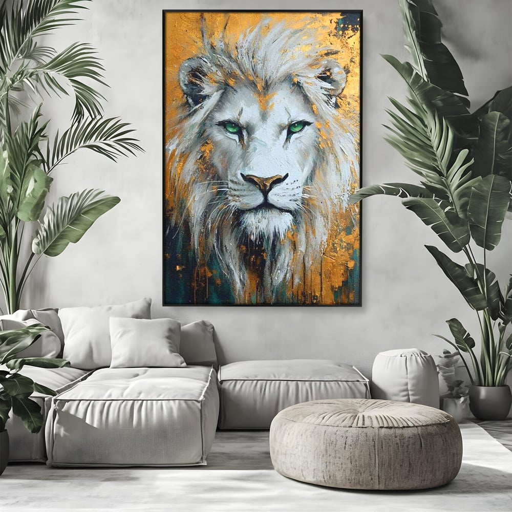 Tablou Canvas Premium, LuxCanva® M1362, Aur si Smarald, Leu, Animal, Jungla, Imparat, Suprem, Nobil, Puternic, Auriu, Stralucire, Verde, Privire, Portret, Birou, Living, Camera Copil