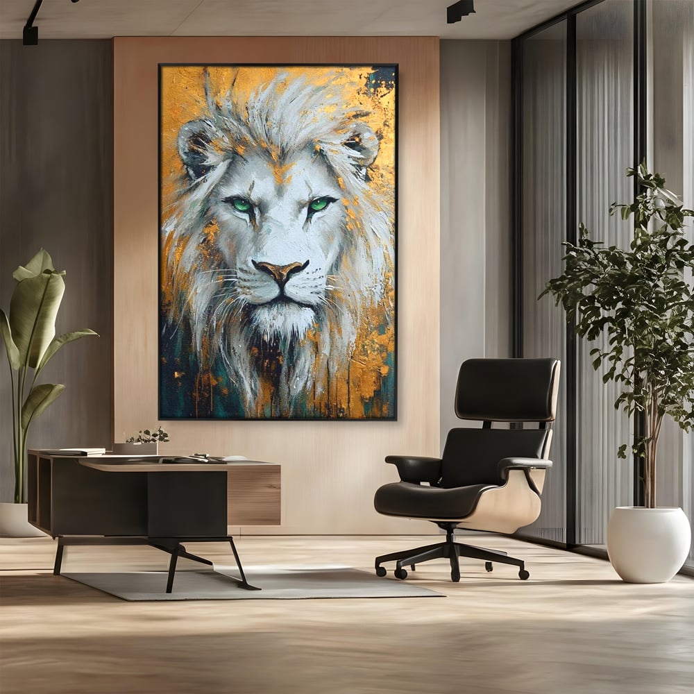 Tablou Canvas Premium, LuxCanva® M1362, Aur si Smarald, Leu, Animal, Jungla, Imparat, Suprem, Nobil, Puternic, Auriu, Stralucire, Verde, Privire, Portret, Birou, Living, Camera Copil