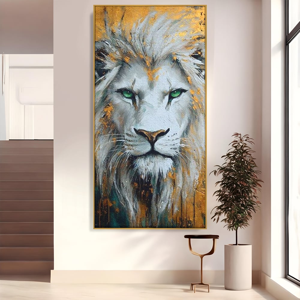Tablou Canvas Premium, LuxCanva® M1362, Aur si Smarald, Leu, Animal, Jungla, Imparat, Suprem, Nobil, Puternic, Auriu, Stralucire, Verde, Privire, Portret, Birou, Living, Camera Copil
