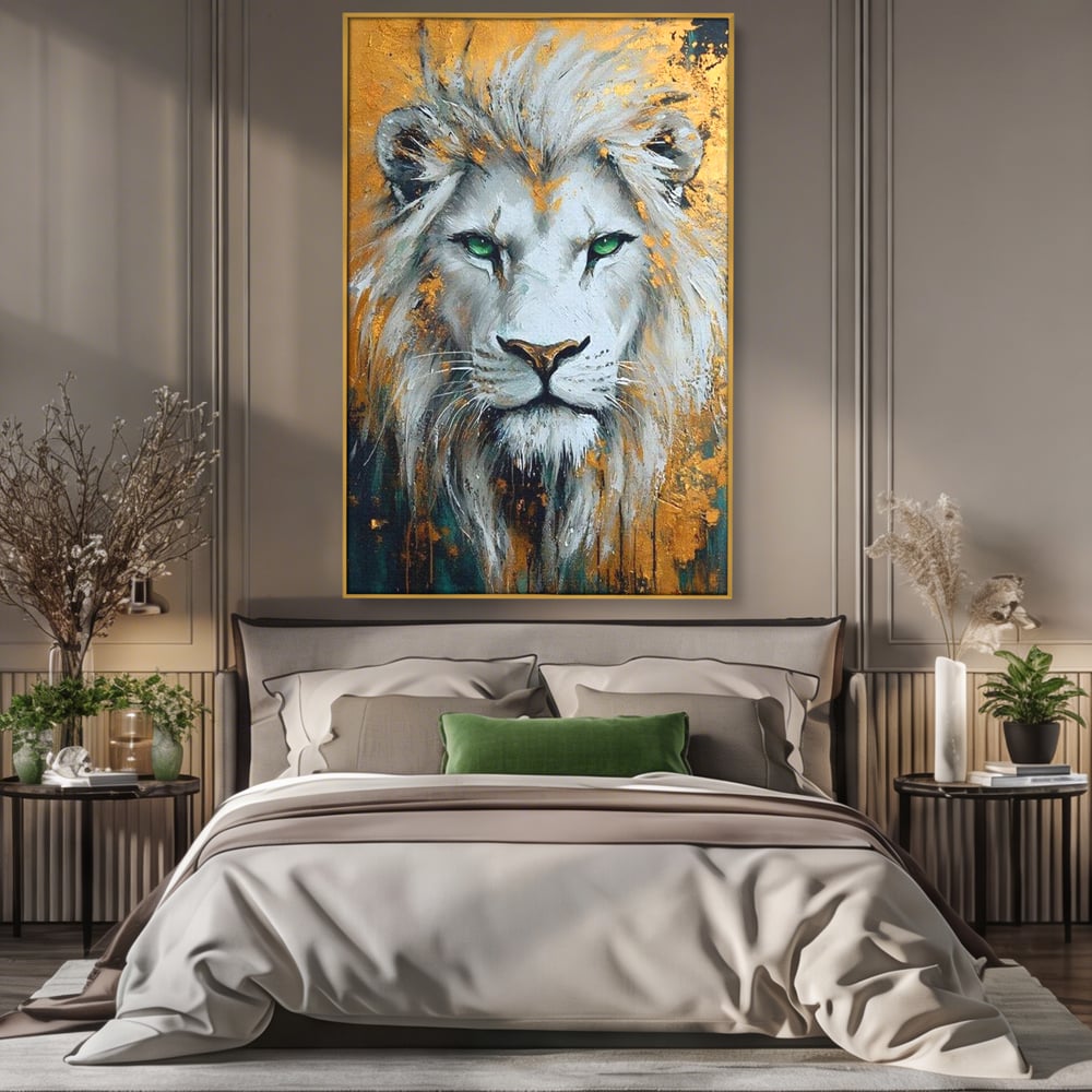 Tablou Canvas Premium, LuxCanva® M1362, Aur si Smarald, Leu, Animal, Jungla, Imparat, Suprem, Nobil, Puternic, Auriu, Stralucire, Verde, Privire, Portret, Birou, Living, Camera Copil