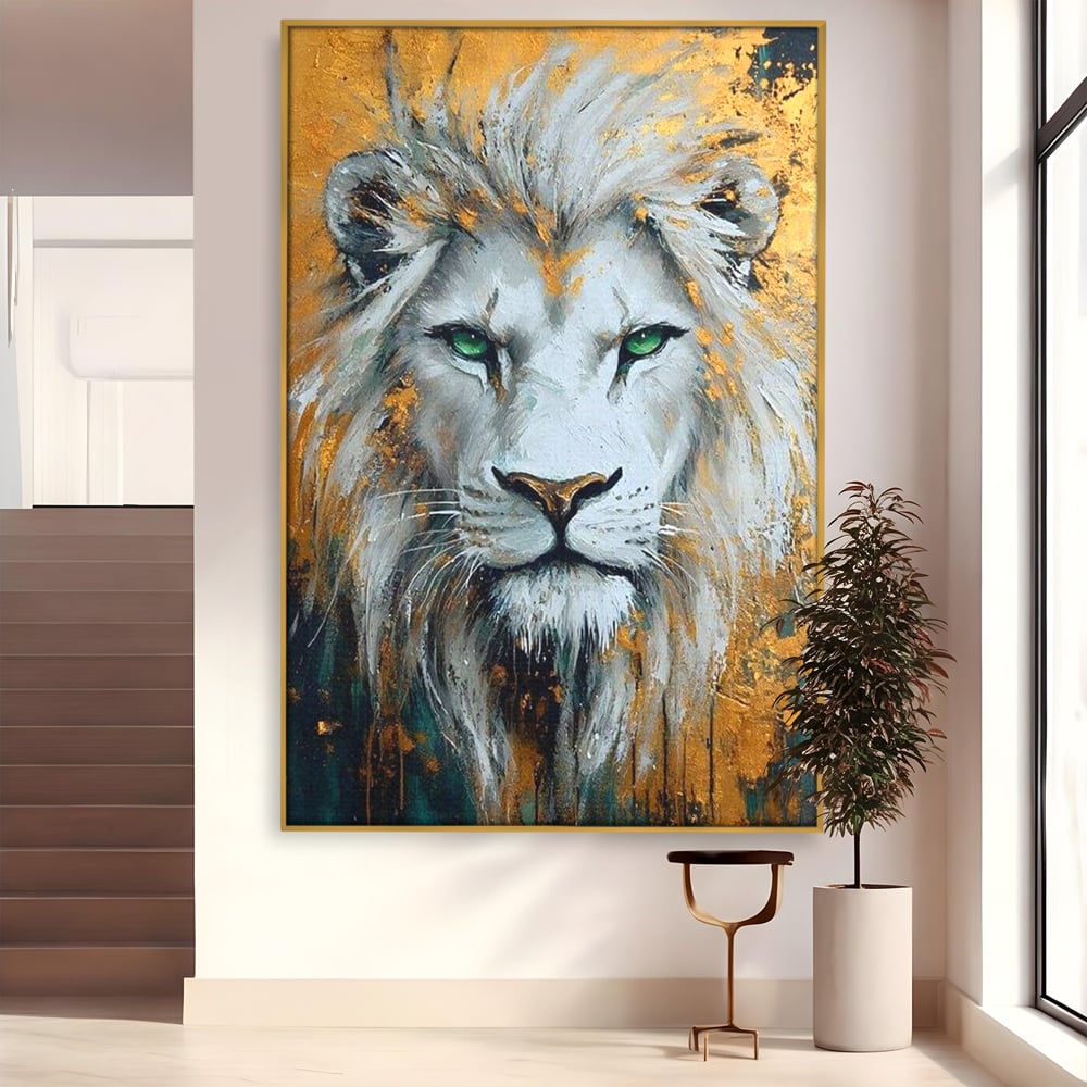 Tablou Canvas Premium, LuxCanva® M1362, Aur si Smarald, Leu, Animal, Jungla, Imparat, Suprem, Nobil, Puternic, Auriu, Stralucire, Verde, Privire, Portret, Birou, Living, Camera Copil