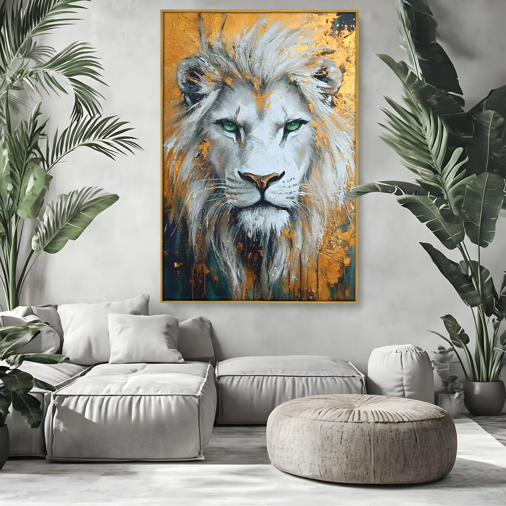 Tablou Canvas Premium, LuxCanva® M1362, Aur si Smarald, Leu, Animal, Jungla, Imparat, Suprem, Nobil, Puternic, Auriu, Stralucire, Verde, Privire, Portret, Birou, Living, Camera Copil