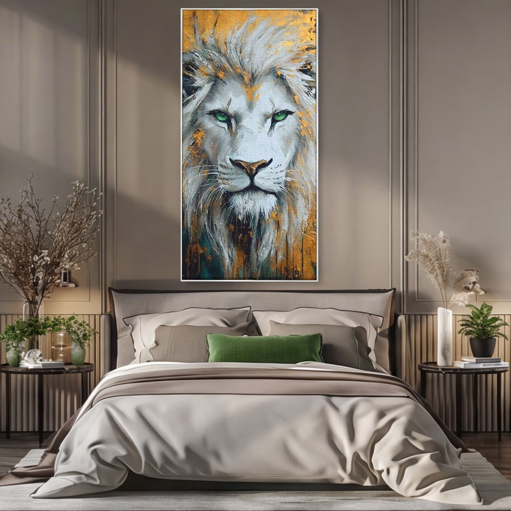 Tablou Canvas Premium, LuxCanva® M1362, Aur si Smarald, Leu, Animal, Jungla, Imparat, Suprem, Nobil, Puternic, Auriu, Stralucire, Verde, Privire, Portret, Birou, Living, Camera Copil