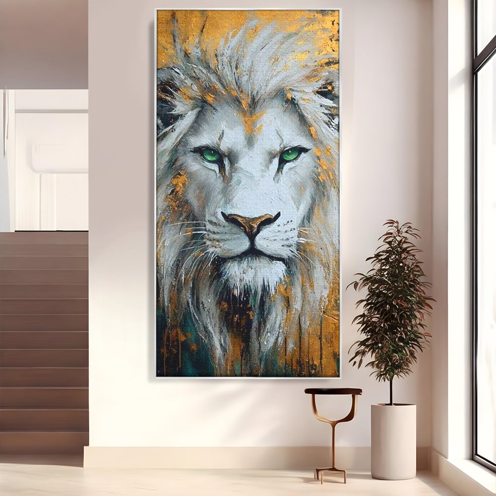 Tablou Canvas Premium, LuxCanva® M1362, Aur si Smarald, Leu, Animal, Jungla, Imparat, Suprem, Nobil, Puternic, Auriu, Stralucire, Verde, Privire, Portret, Birou, Living, Camera Copil