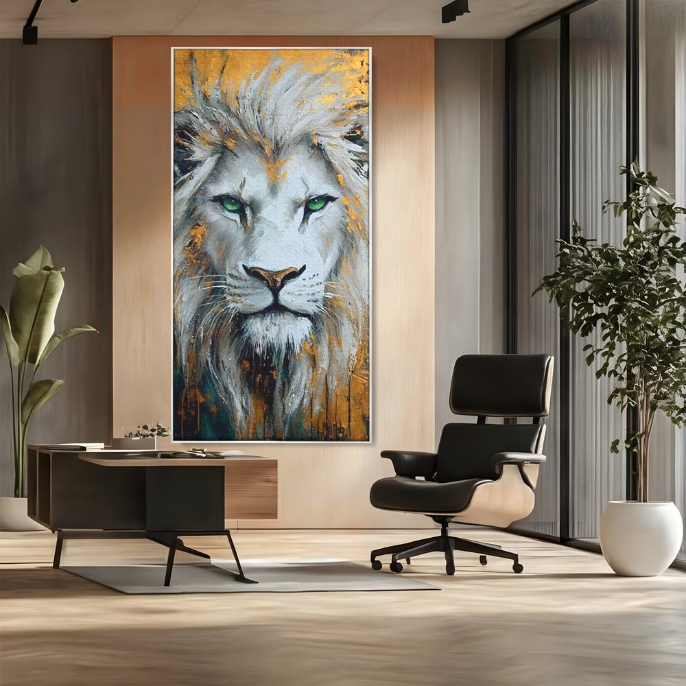 Tablou Canvas Premium, LuxCanva® M1362, Aur si Smarald, Leu, Animal, Jungla, Imparat, Suprem, Nobil, Puternic, Auriu, Stralucire, Verde, Privire, Portret, Birou, Living, Camera Copil