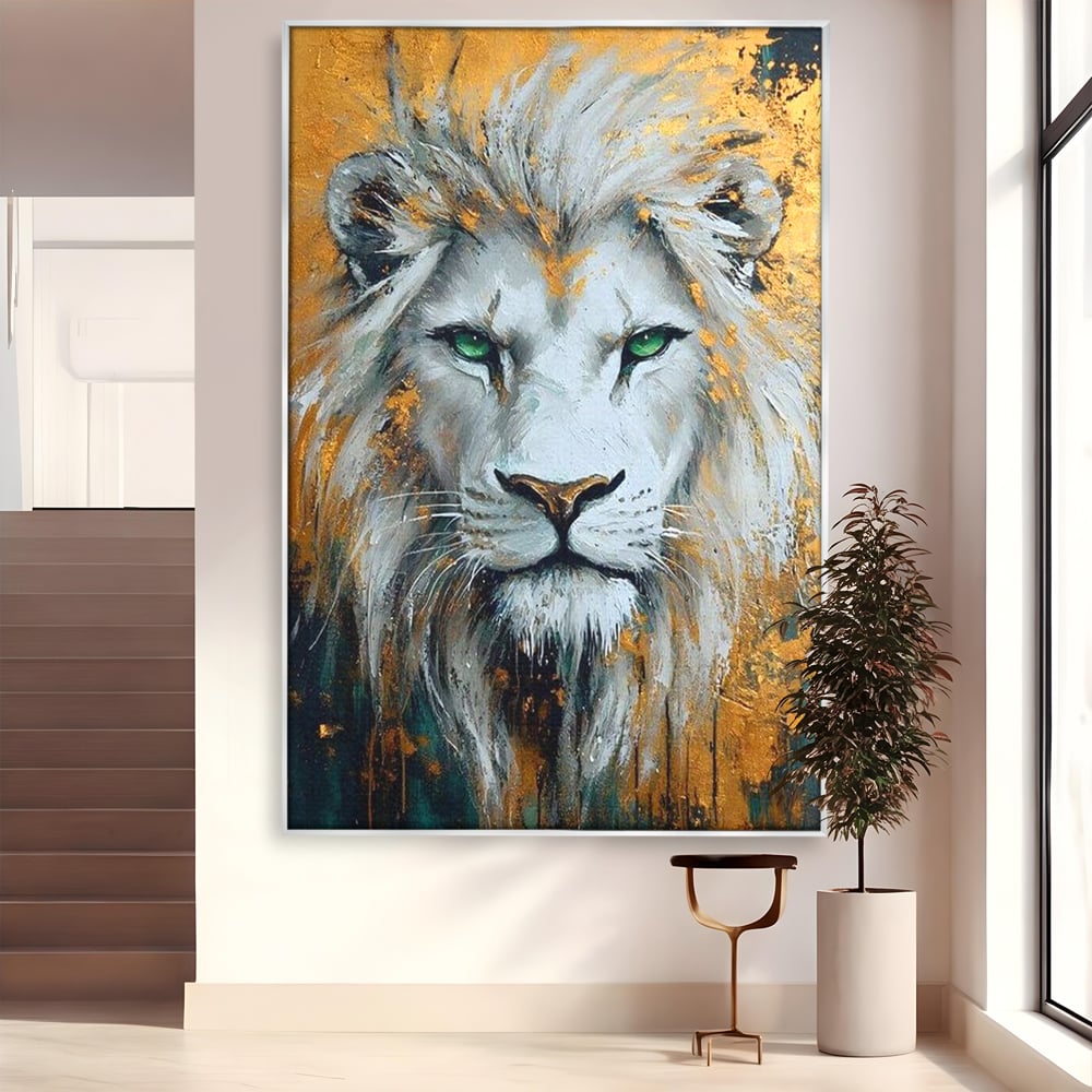 Tablou Canvas Premium, LuxCanva® M1362, Aur si Smarald, Leu, Animal, Jungla, Imparat, Suprem, Nobil, Puternic, Auriu, Stralucire, Verde, Privire, Portret, Birou, Living, Camera Copil