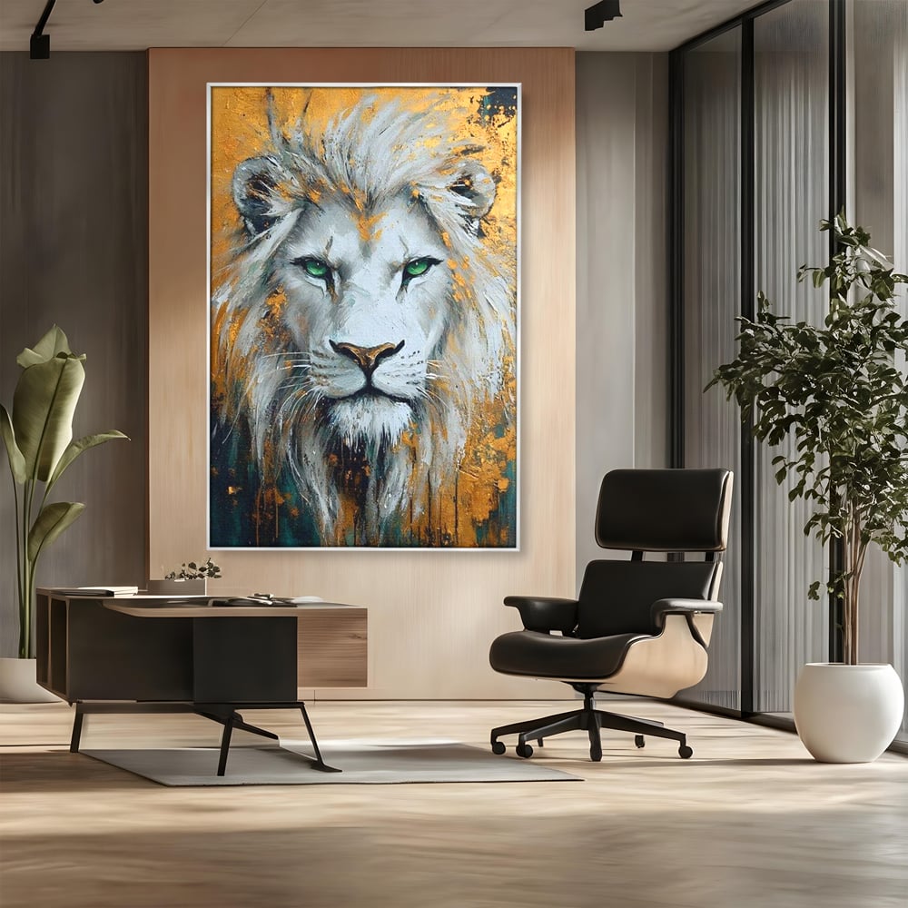 Tablou Canvas Premium, LuxCanva® M1362, Aur si Smarald, Leu, Animal, Jungla, Imparat, Suprem, Nobil, Puternic, Auriu, Stralucire, Verde, Privire, Portret, Birou, Living, Camera Copil