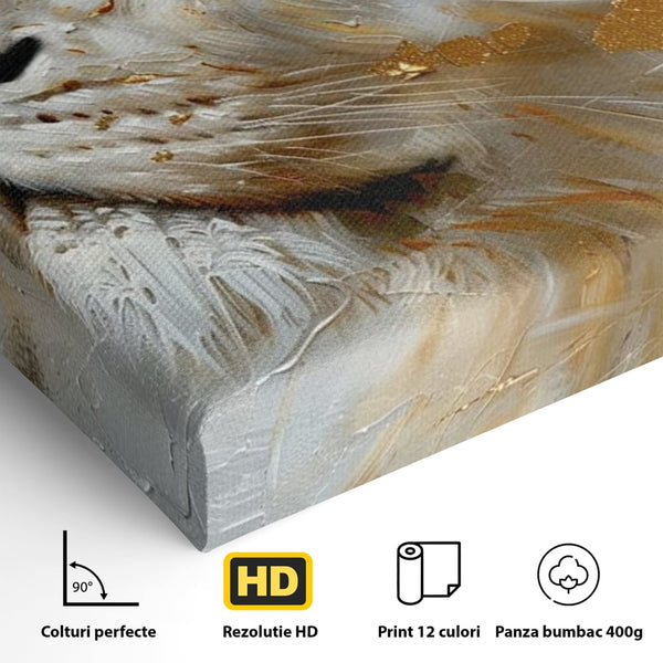 Tablou Canvas Premium, LuxCanva® M1363, Imparatul Alb, Auriu, Pictura, Arta Abstracta, Profil, Leu, Animal, Blana, Rege, Maretie, Sublim, Nobil, Puternic, Birou, Living, Camera Copil
