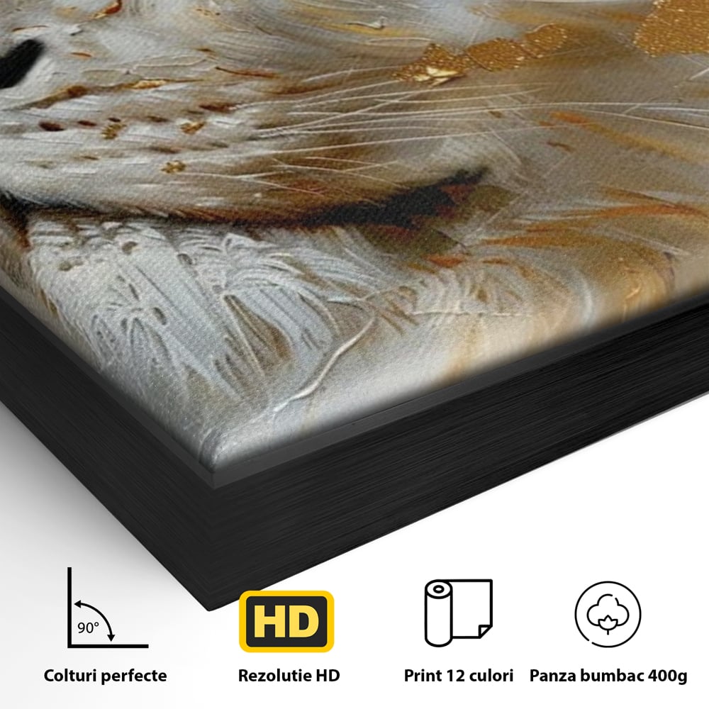 Tablou Canvas Premium, LuxCanva® M1363, Imparatul Alb, Auriu, Pictura, Arta Abstracta, Profil, Leu, Animal, Blana, Rege, Maretie, Sublim, Nobil, Puternic, Birou, Living, Camera Copil