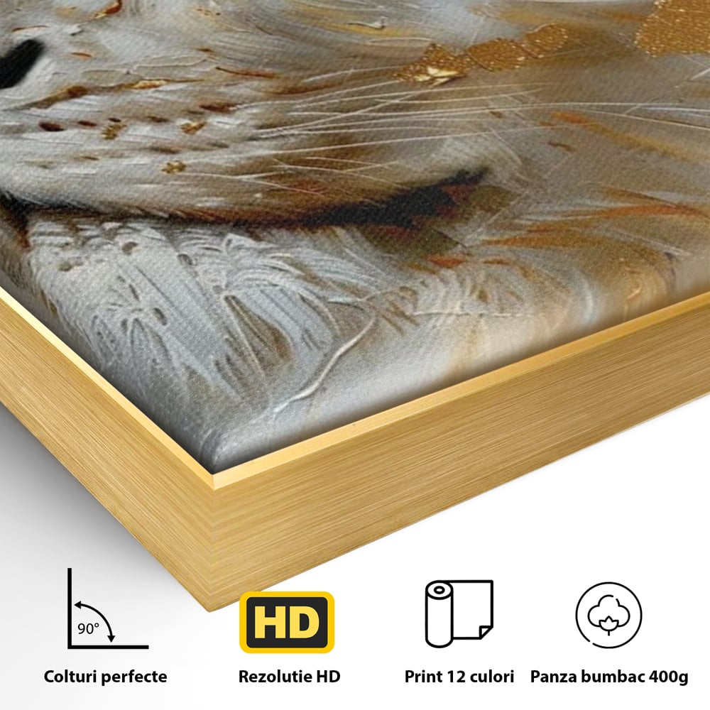 Tablou Canvas Premium, LuxCanva® M1363, Imparatul Alb, Auriu, Pictura, Arta Abstracta, Profil, Leu, Animal, Blana, Rege, Maretie, Sublim, Nobil, Puternic, Birou, Living, Camera Copil
