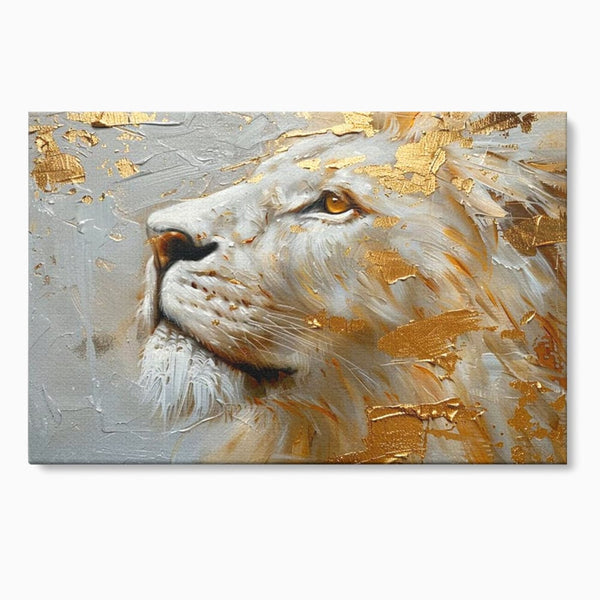 Tablou Canvas Premium, LuxCanva® M1363, Imparatul Alb, Auriu, Pictura, Arta Abstracta, Profil, Leu, Animal, Blana, Rege, Maretie, Sublim, Nobil, Puternic, Birou, Living, Camera Copil