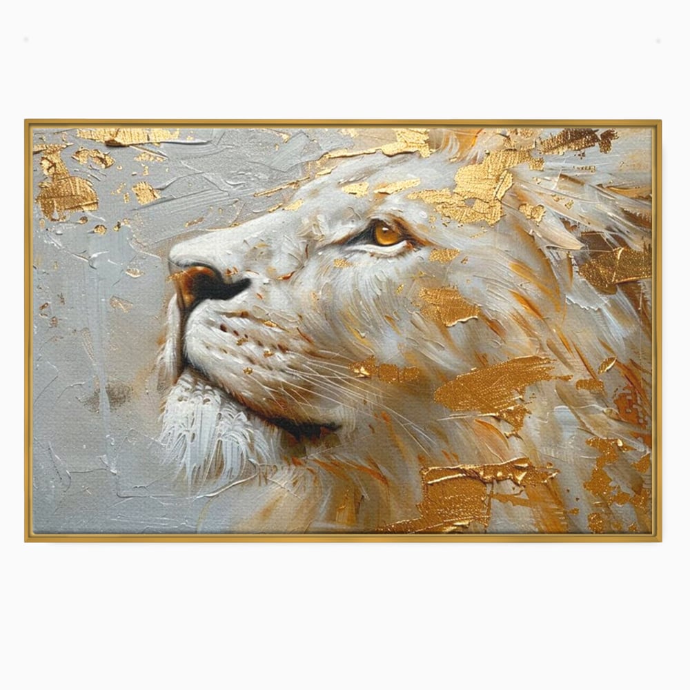 Tablou Canvas Premium, LuxCanva® M1363, Imparatul Alb, Auriu, Pictura, Arta Abstracta, Profil, Leu, Animal, Blana, Rege, Maretie, Sublim, Nobil, Puternic, Birou, Living, Camera Copil