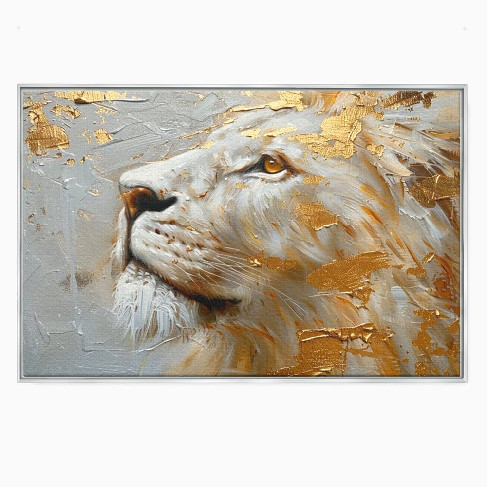 Tablou Canvas Premium, LuxCanva® M1363, Imparatul Alb, Auriu, Pictura, Arta Abstracta, Profil, Leu, Animal, Blana, Rege, Maretie, Sublim, Nobil, Puternic, Birou, Living, Camera Copil