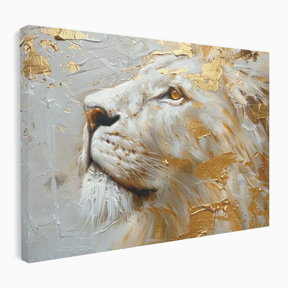Tablou Canvas Premium, LuxCanva® M1363, Imparatul Alb, Auriu, Pictura, Arta Abstracta, Profil, Leu, Animal, Blana, Rege, Maretie, Sublim, Nobil, Puternic, Birou, Living, Camera Copil