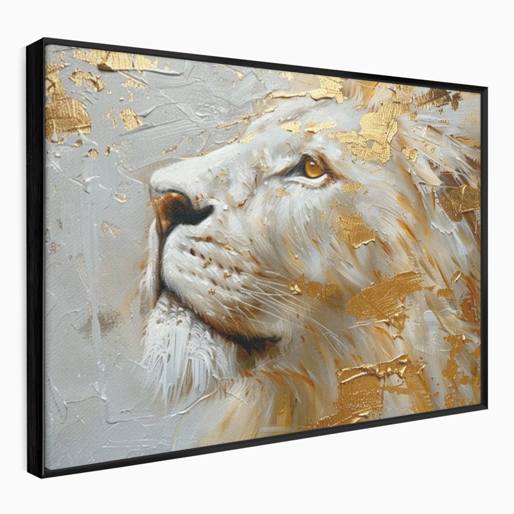 Tablou Canvas Premium, LuxCanva® M1363, Imparatul Alb, Auriu, Pictura, Arta Abstracta, Profil, Leu, Animal, Blana, Rege, Maretie, Sublim, Nobil, Puternic, Birou, Living, Camera Copil