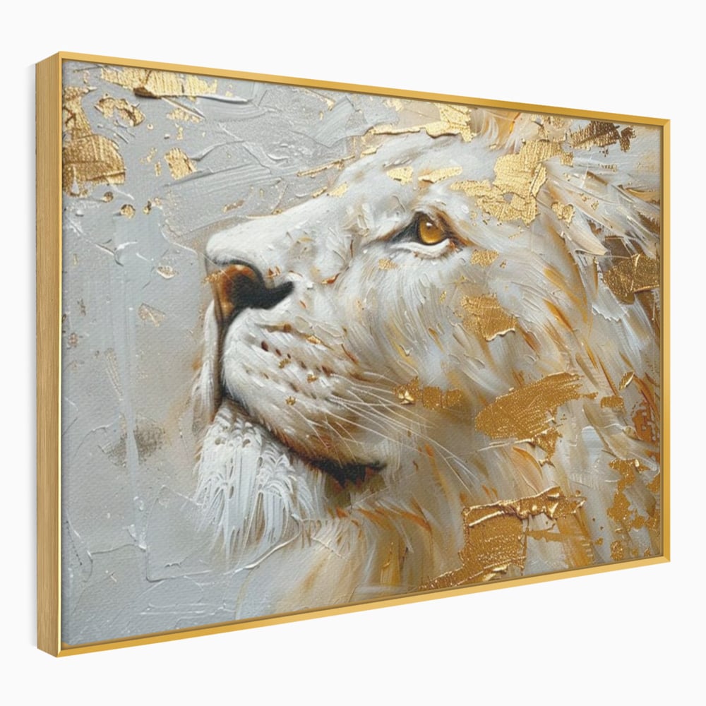 Tablou Canvas Premium, LuxCanva® M1363, Imparatul Alb, Auriu, Pictura, Arta Abstracta, Profil, Leu, Animal, Blana, Rege, Maretie, Sublim, Nobil, Puternic, Birou, Living, Camera Copil