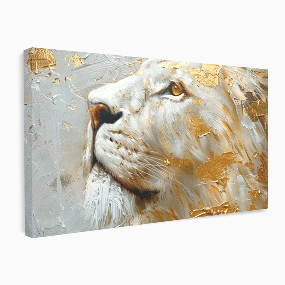 Tablou Canvas Premium, LuxCanva® M1363, Imparatul Alb, Auriu, Pictura, Arta Abstracta, Profil, Leu, Animal, Blana, Rege, Maretie, Sublim, Nobil, Puternic, Birou, Living, Camera Copil