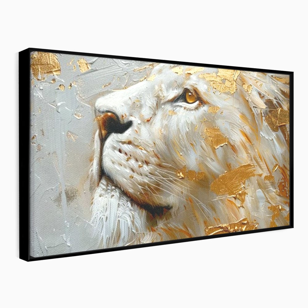 Tablou Canvas Premium, LuxCanva® M1363, Imparatul Alb, Auriu, Pictura, Arta Abstracta, Profil, Leu, Animal, Blana, Rege, Maretie, Sublim, Nobil, Puternic, Birou, Living, Camera Copil