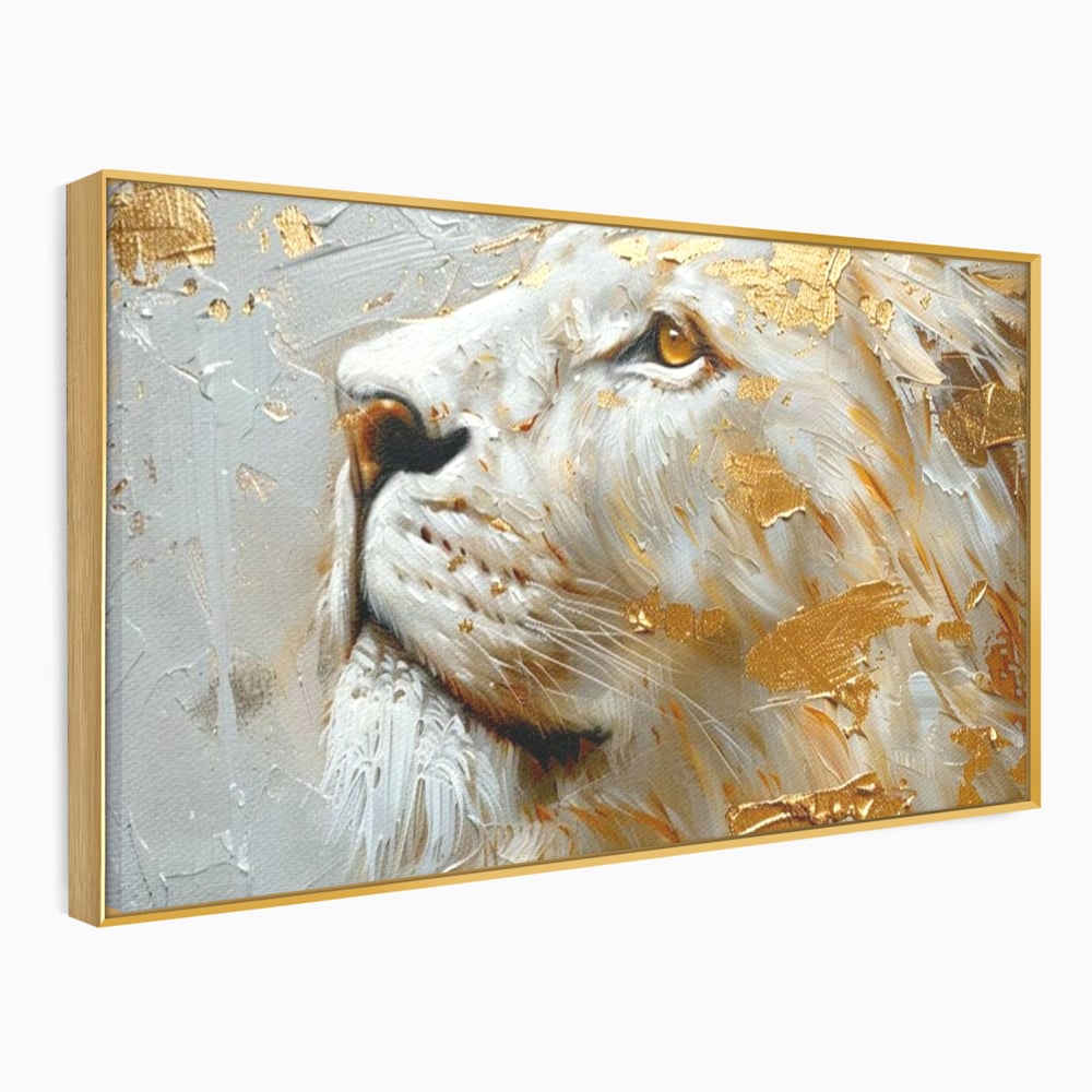 Tablou Canvas Premium, LuxCanva® M1363, Imparatul Alb, Auriu, Pictura, Arta Abstracta, Profil, Leu, Animal, Blana, Rege, Maretie, Sublim, Nobil, Puternic, Birou, Living, Camera Copil
