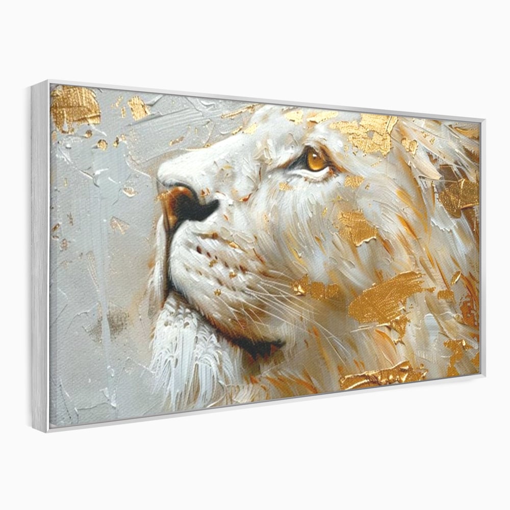 Tablou Canvas Premium, LuxCanva® M1363, Imparatul Alb, Auriu, Pictura, Arta Abstracta, Profil, Leu, Animal, Blana, Rege, Maretie, Sublim, Nobil, Puternic, Birou, Living, Camera Copil